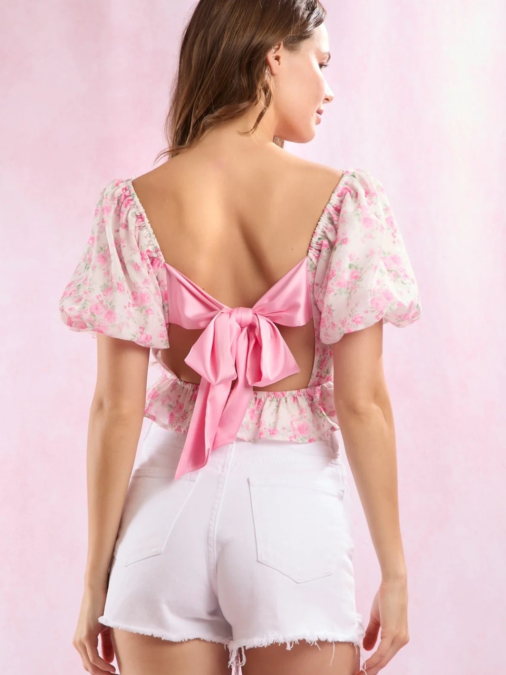 Loveshackfancy Style Floral Pink Puff Bubble Sleeve bow Peplum Crop Top Small